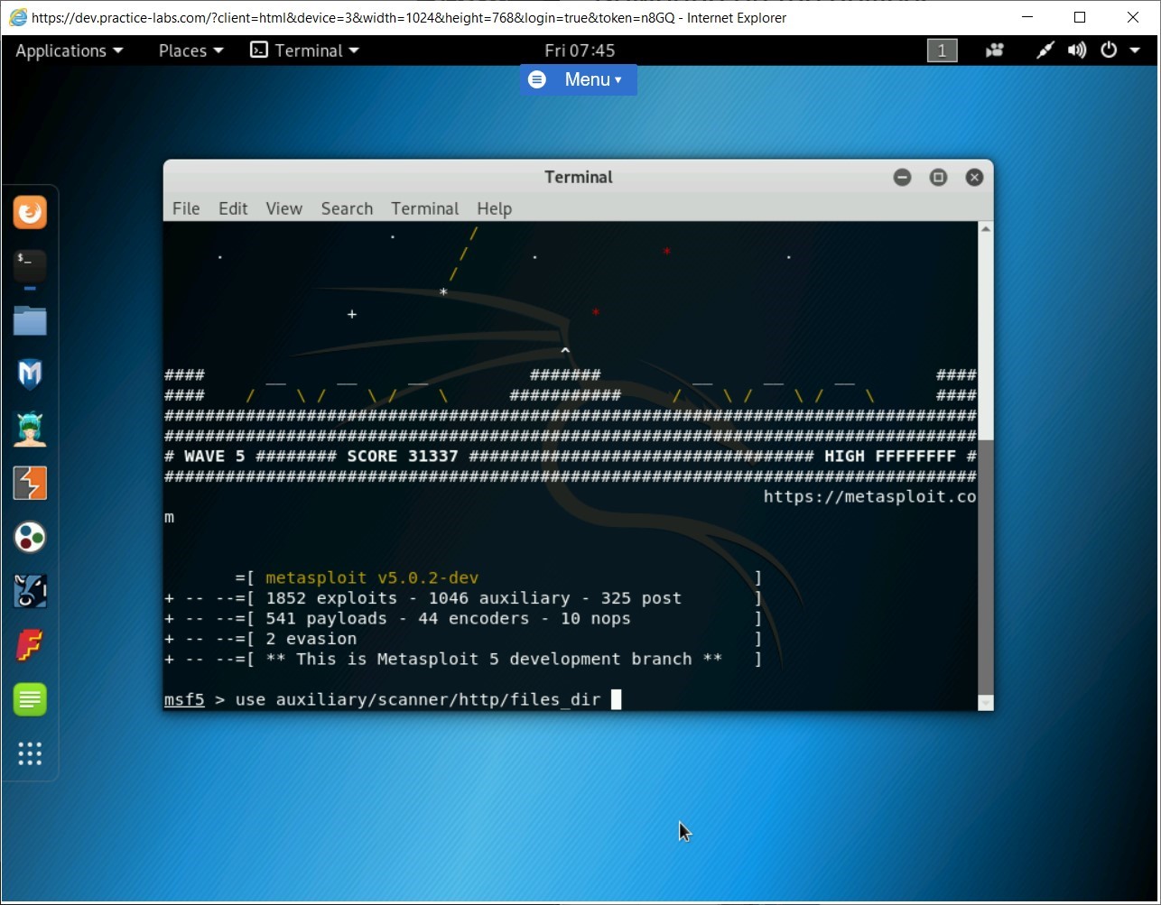 Figure 1.66 Screenshot of PLABKALI01 Entering the command to use the files_dir module.