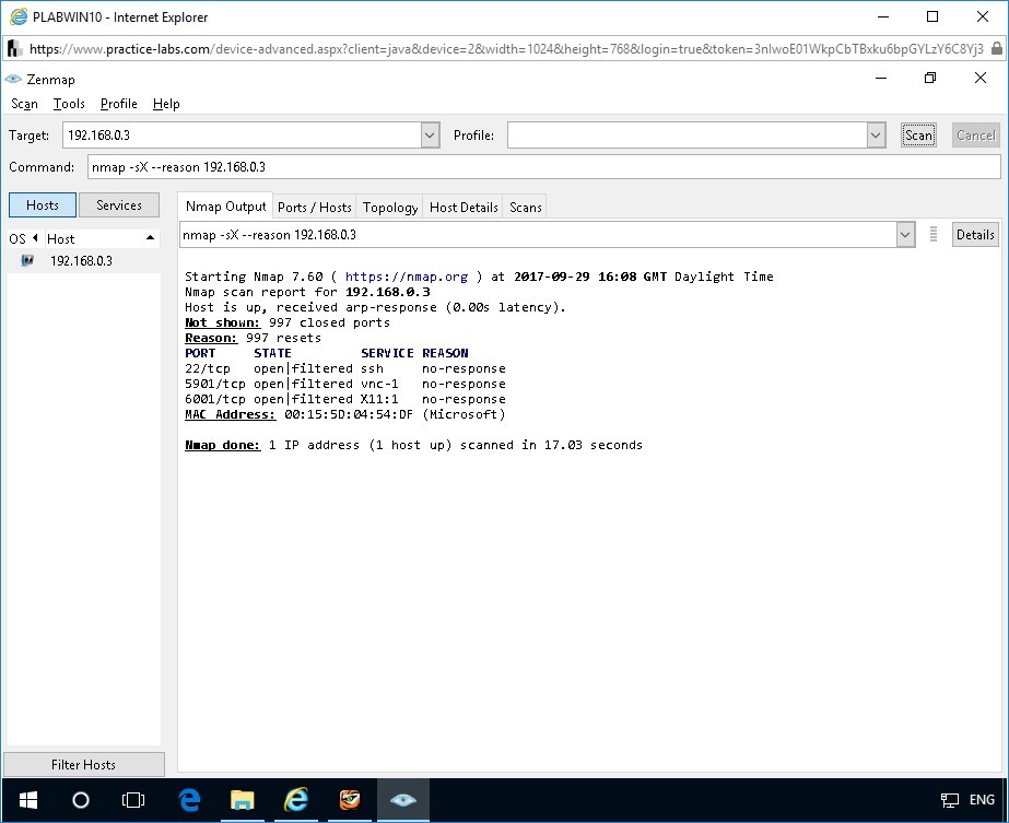 Figure 1.22 Screenshot of Zenmap GUI on PLABWIN10 device