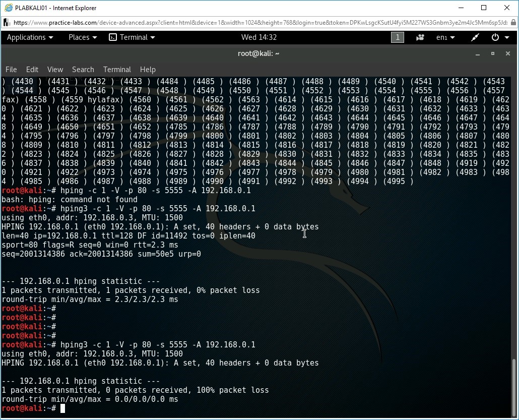 Figure 2.9 Screenshot of Kali Linux root terminal on PLABWIN10 device