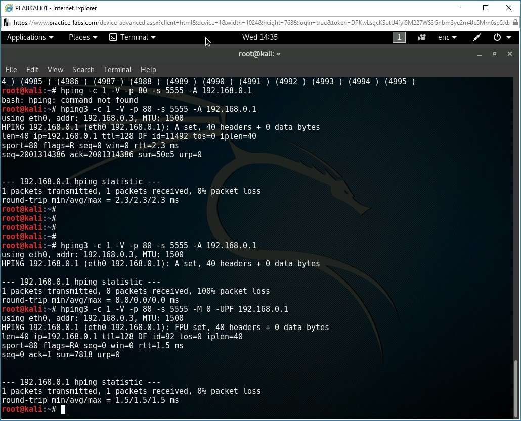 Figure 2.10 Screenshot of Kali Linux root terminal on PLABWIN10 device