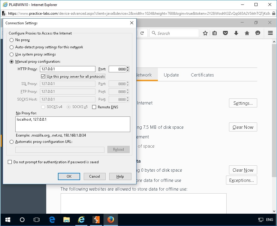 Figure 1.17 Screenshot of Connection Settings dialog box on Mozilla Firefox window on device PLABWIN10