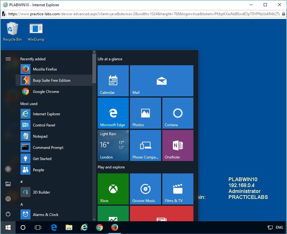 Figure 1.2 Screenshot of the Start menu on PLABWIN10 device