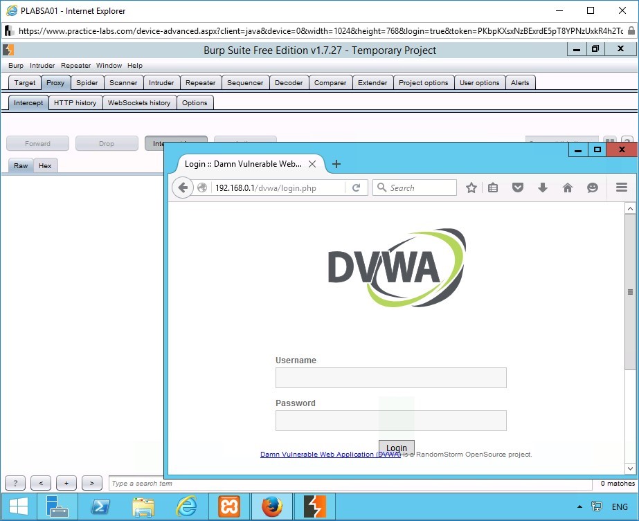 Figure 1.25 Screenshot of the DVWA application in Mozilla Firefox window on PLABSA01 device