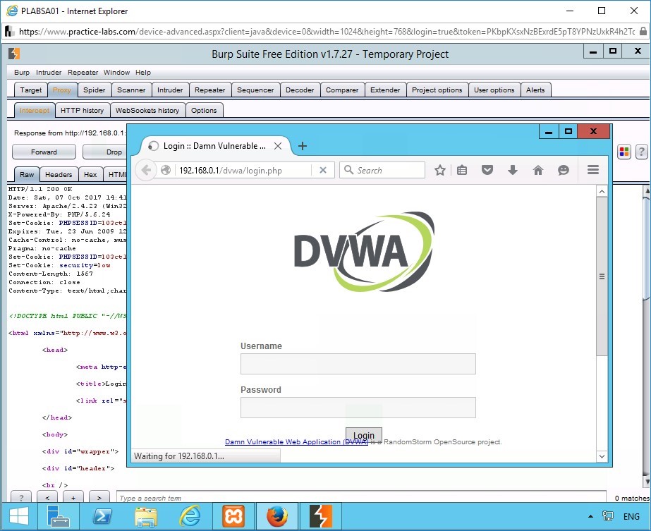 Figure 1.26 Screenshot of Burp Suite Free Edition v1.7.27 - Temporary Project window on PLABSA01 device