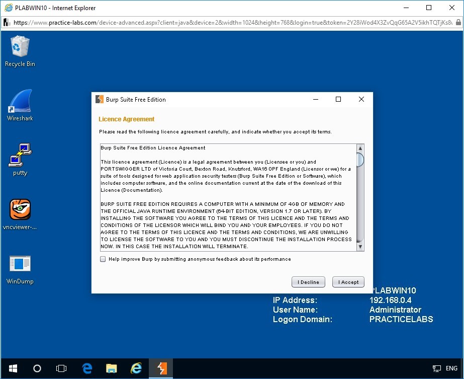 Figure 1.4 Screenshot of the License Agreement page in Burp Suite Free Edition window