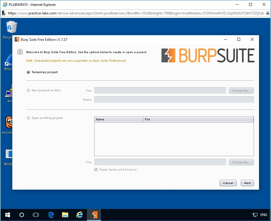 Figure 1.5 Screenshot of Burp Suite Free Edition v1.7.27 window on PLABWIN10 device