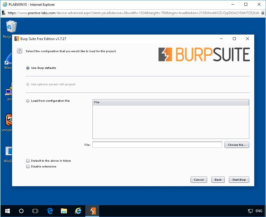 Figure 1.6 Screenshot of Burp Suite Free Edition v1.7.27 window on PLABWIN10 device