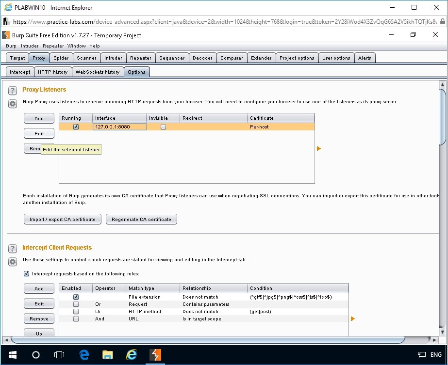 Figure 1.8 Screenshot of Burp Suite Free Edition v1.7.27 -Temporary Project window on PLABWIN10 device