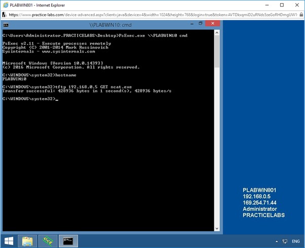 Figure 1.23 Screenshot of the remote command shell of PLABWIN10 on PLABWIN801