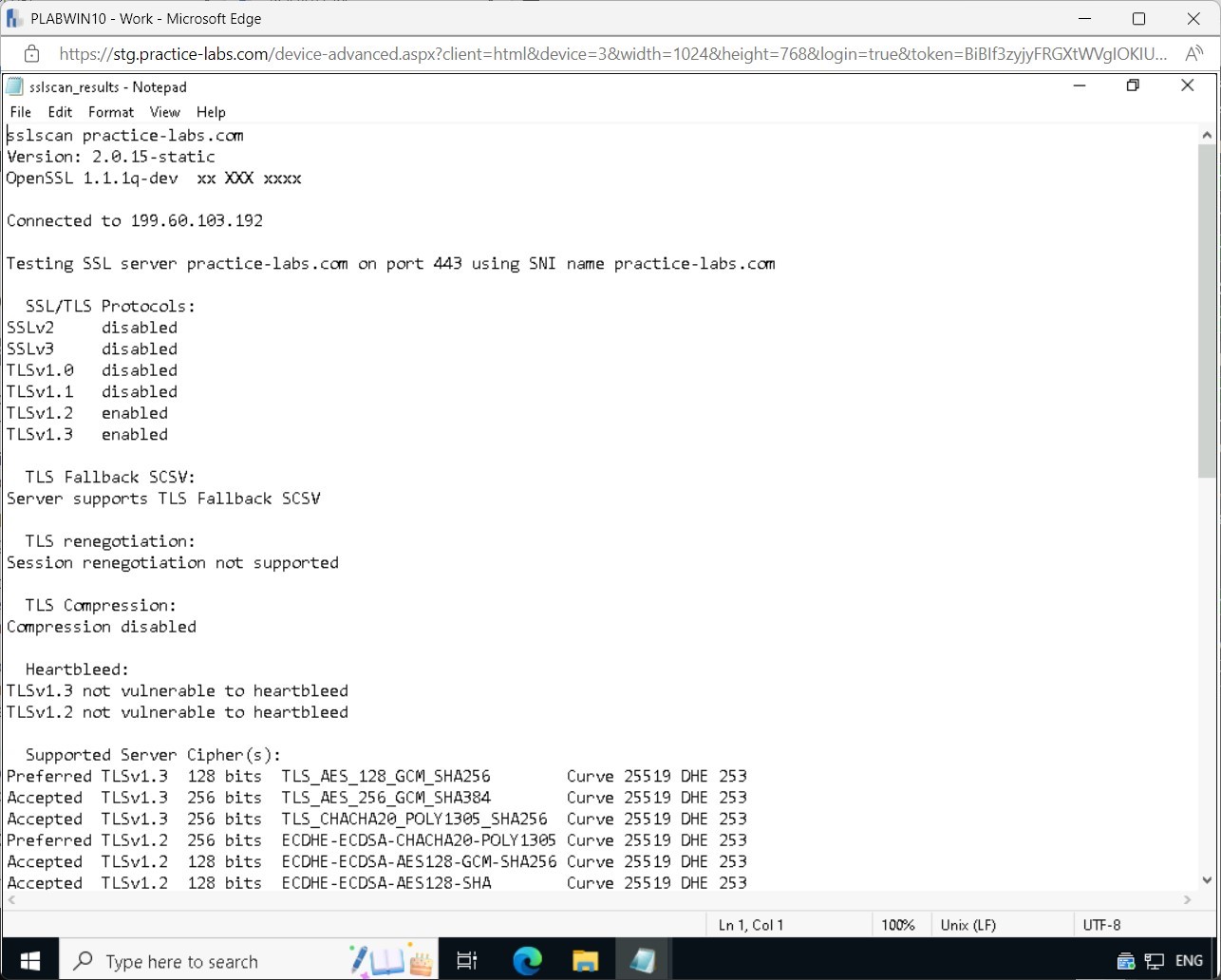 Figure 1.33 Screenshot of PLABKALI: Displaying the results of the sslscan command in the Terminal Emulator.