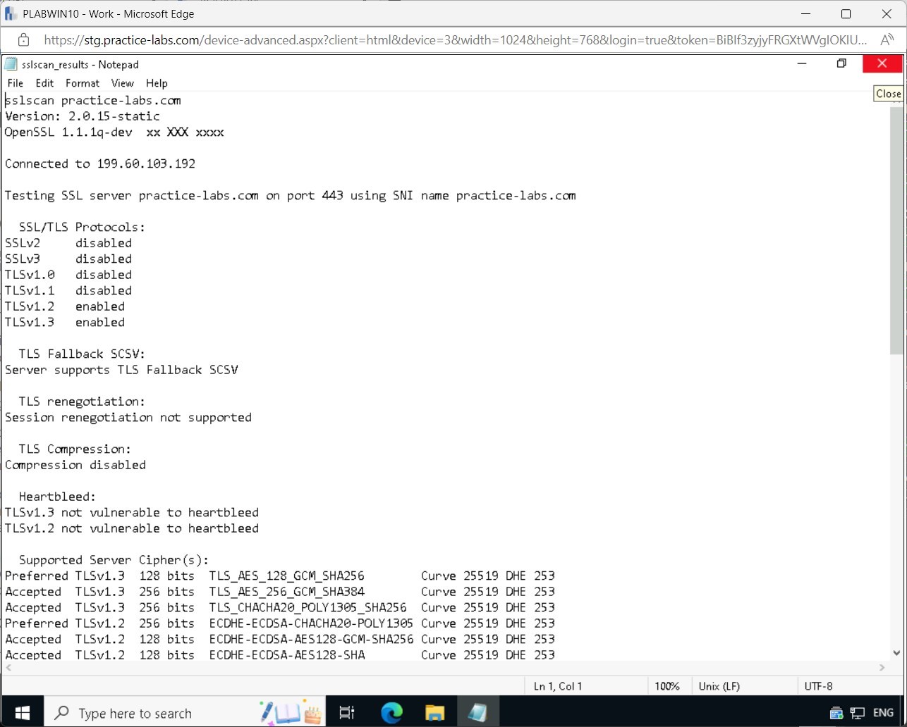Figure 1.36 Screenshot of PLABKALI: Displaying highlighting the sslscan results at the command prompt and right-clicking on the selection and selecting Copy Selection.
